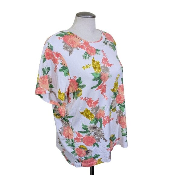 Croft & Barrow Plus 2X Top Shirt Orange Yellow Floral Flower Short Sleeve Cotton - Picture 2 of 8